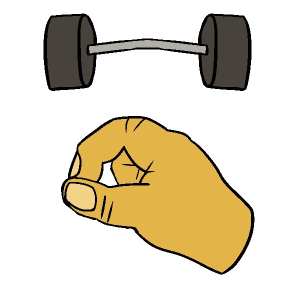 An orange hand pinching its thumb and index finger together, with a bending barbell above it.